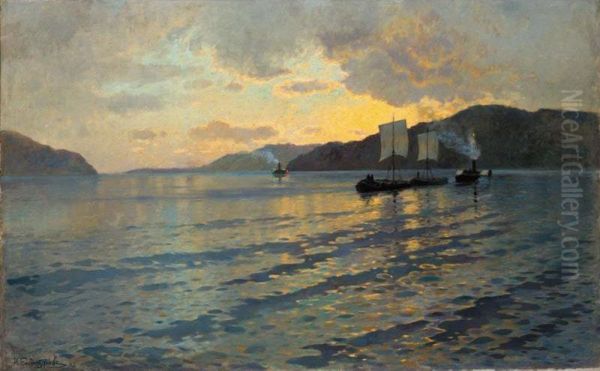 Steamers At Dusk Oil Painting by Ivan Ivanovich Endogouroff