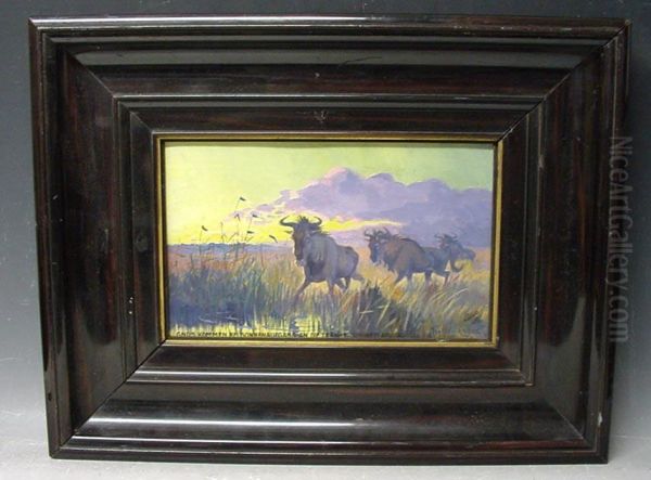 Gnus Bei Sonnenaufgang An Der Tranke , Sud-west Afrika Oil Painting by Axel Eriksson