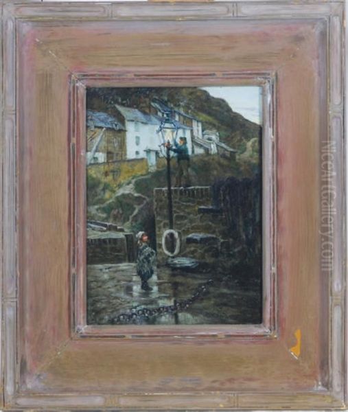 Lighting The Lampost Oil Painting by Edward Frederick Ertz