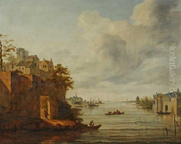 Pecheurs Sur Un Fleuve Devant Un Village Oil Painting by Charles Eschard