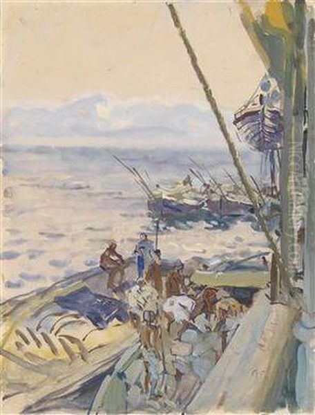 Unloading A Ship Oil Painting by Carl Fahringer