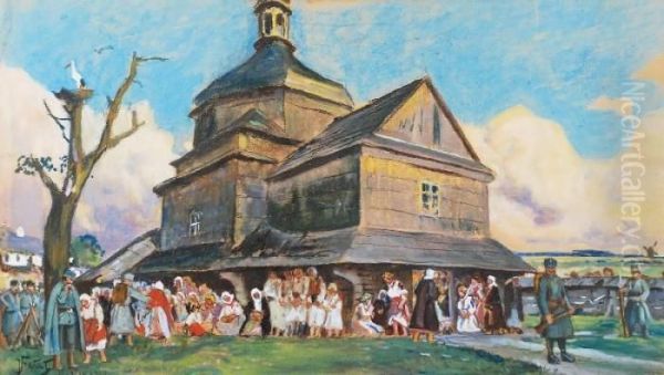 Przed Kosciolem Oil Painting by Julian Falat