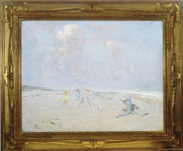 Girls Playing On A Magical Beach Oil Painting by Richard Blossom Farley