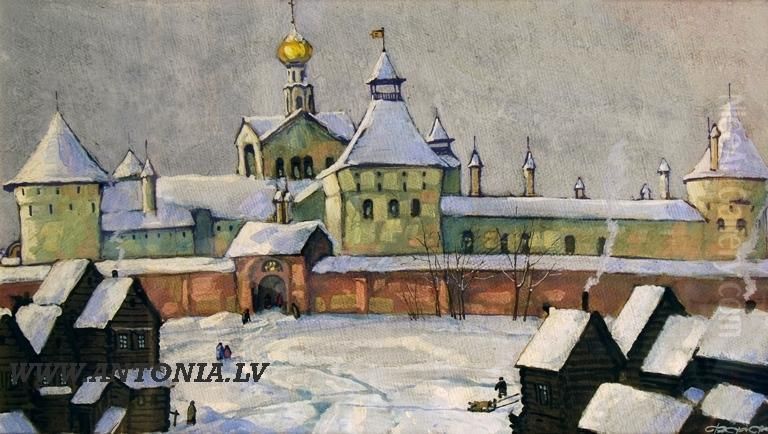 Winter In Oldrusian Town Oil Painting by Fedor F. Fedorovski