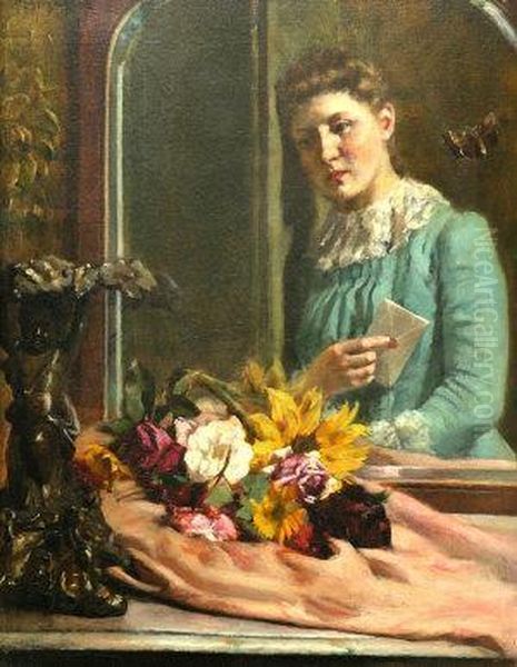 Lady Holding A Letter Reflected In A Mirror Oil Painting by John Knox Ferguson