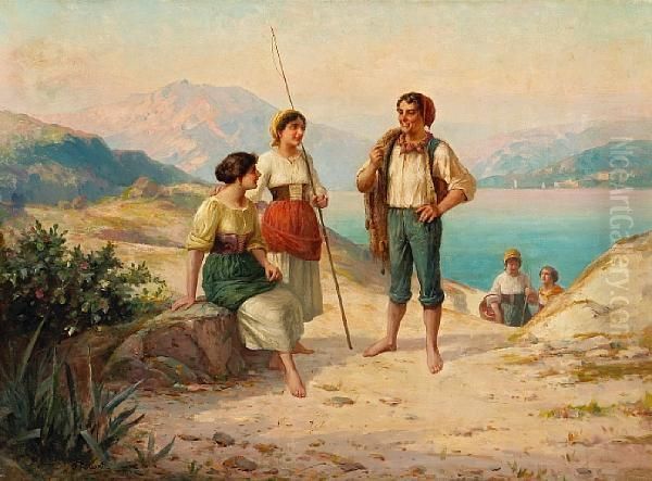 Fisherfolk On A Track Oil Painting by Carlo Ferranti