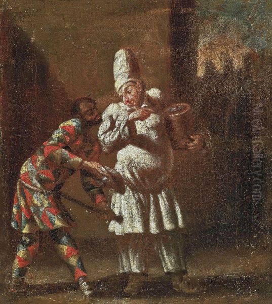 Harlequin And Trivelino Oil Painting by Giovanni Domenico Ferretti