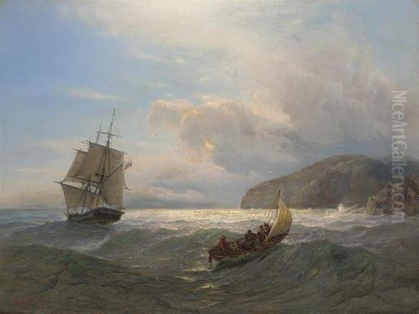 A Russian Brig In Crimean Waters At Dusk Oil Painting by Adolf Iwanowitsch Fessler
