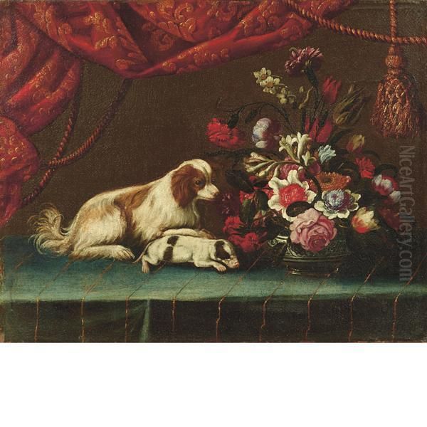 Vaso Di Fiori Con Cagnolini Oil Painting by Francesco (Il Maltese) Fieravino