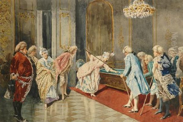 Billiards In The Parlour Oil Painting by Giovanni Battista Filosa