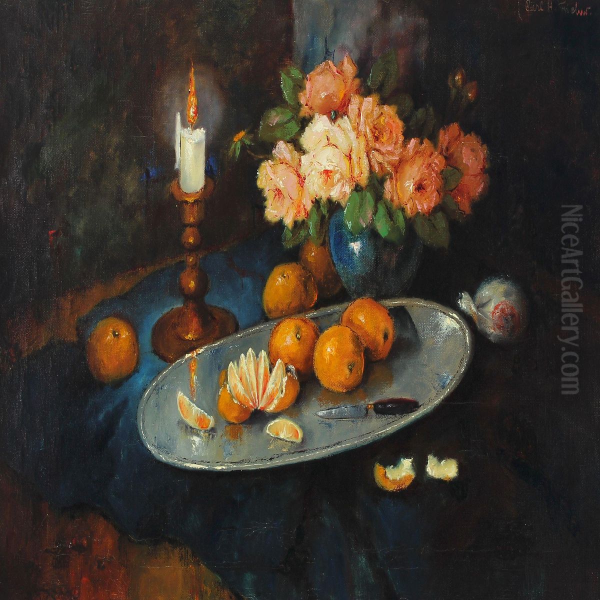 Still Life With Flowers, Oranges And Candlestick Oil Painting by Carl Holger Fischer