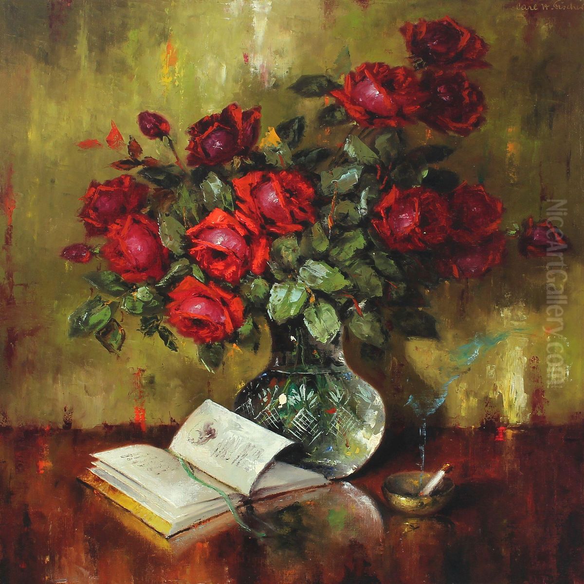 Still Life With Roses In A Vase Oil Painting by Carl Holger Fischer