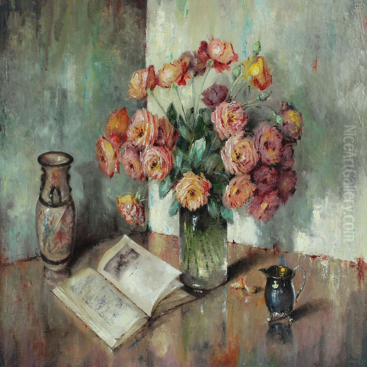 Still Life With Flowers, Book, Jug And Vase Oil Painting by Carl Holger Fischer