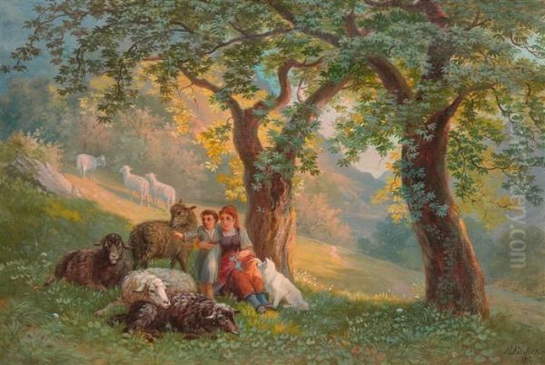 Hirtin Mit Junge, Hund Und Schafen Oil Painting by Heinrich Fischer