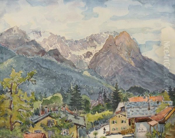 Blick Von Grainau Auf Die Zugspitze Oil Painting by Jakob Fischer