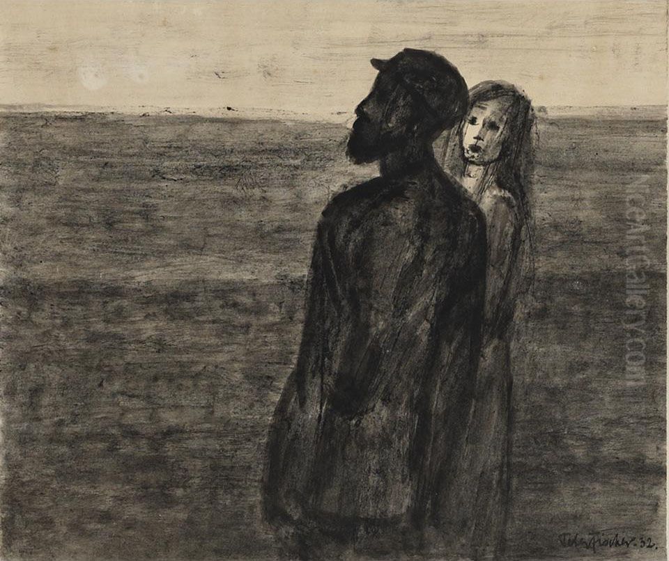 Man In Hat And Young Girl In A Field Oil Painting by Oskar Fischer