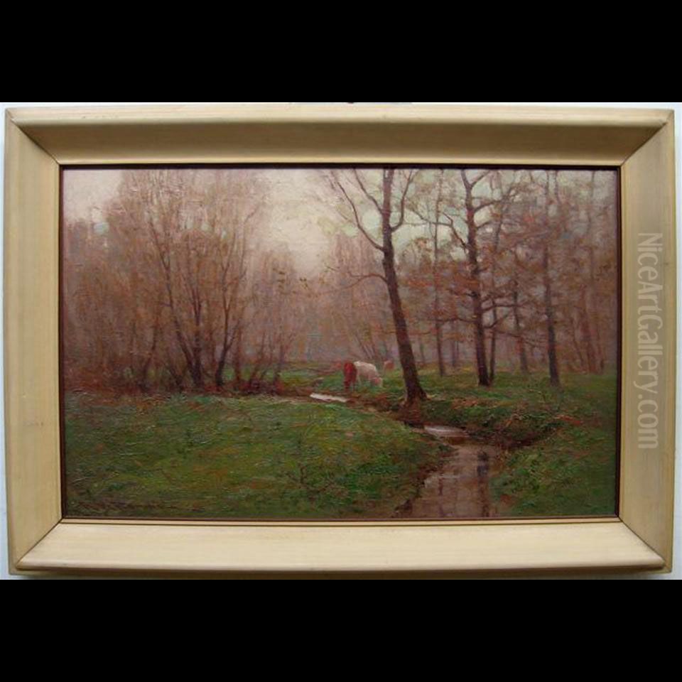 Cattle Grazing By Creek Oil Painting by Alexander M. Fleming