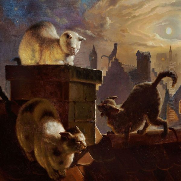 Cats On A Ridge Of A Roof At Full Moon Oil Painting by Fedor Flinzer