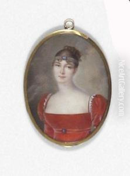 Bildnis Einer Dame In Rotem Kleid
 Mit Kameeschmuck. Oil Painting by Jean Francois Gerard Fontallard