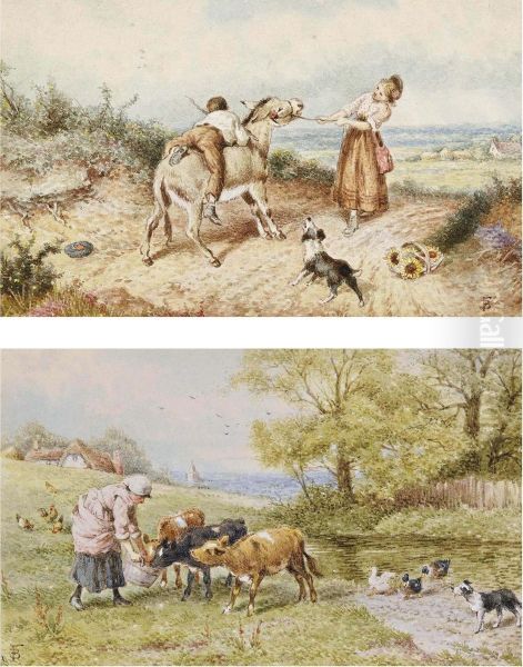 Feeding The Calves; And The Stubborn Mule Oil Painting by Myles Birket Foster