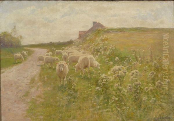 Grazing Sheep Oil Painting by Alexis Fournier