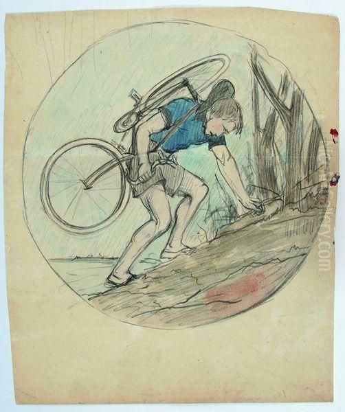 Projets De Medailles A Decor De Coureurs Cyclistes Oil Painting by Edouard Fraisse