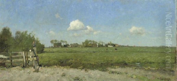 An Extensive Polder Landscape Oil Painting by Hendrik Frauenfelder