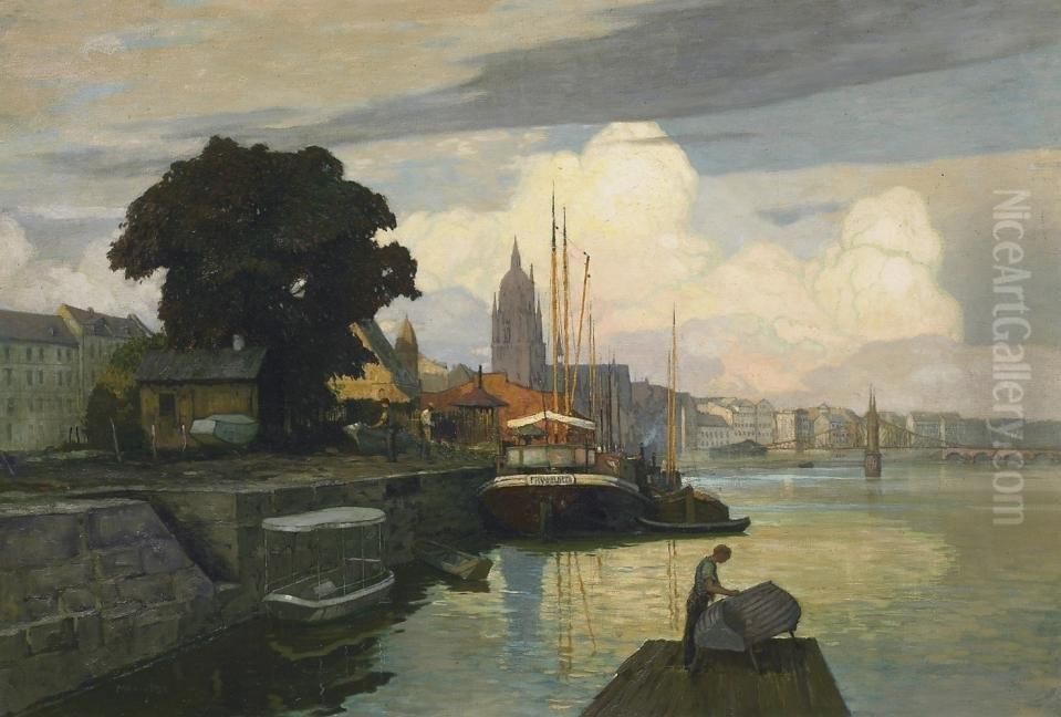 View On A Harbour From Frankfurt A Oil Painting by Max Frey
