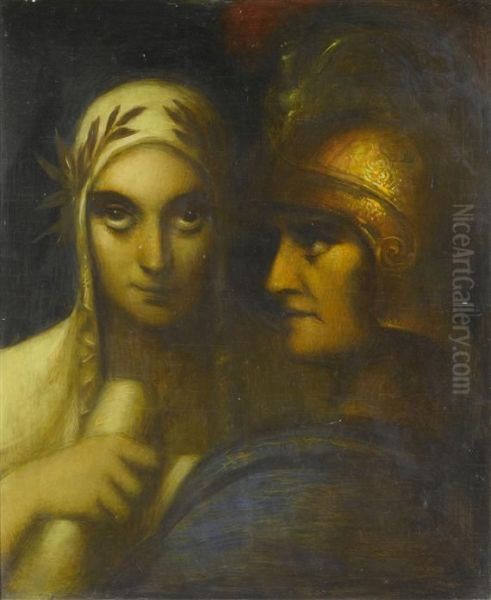 Clio, Muse Of History, With Warrior Oil Painting by Adolf Frey-Moock