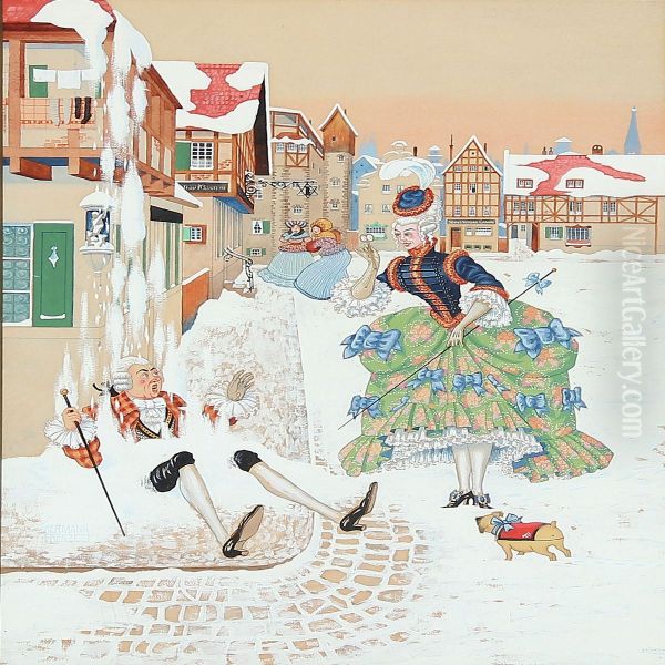 A Gentleman In A Rococo Dress Is Being Caught By Fallen Snow Oil Painting by Hermann Fritz