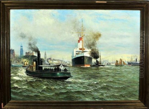 Ozeandampfer Mit Schlepper Und Zahlreiche Boote Im Hamburger Hafen Oil Painting by Ernst Frommhold