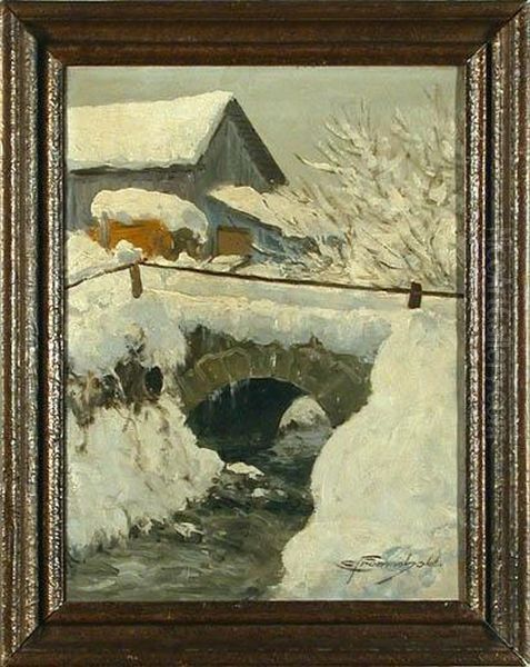Verschneite Steinbrucke Uber Einen Bach. Am Ufer Eine Unterschnee Begrabene Scheune. Ol/lwd Oil Painting by Ernst Frommhold