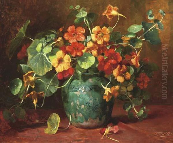 Indian Cress In An Earthenware Vase Oil Painting by Anton Funke