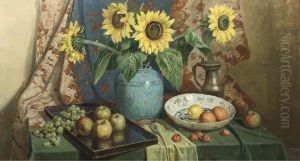 Still Life With Sunflowers And Fruit On A Table