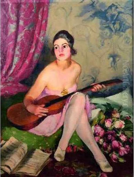 Femme A La Guitare Oil Painting by Josue Gaboriaud