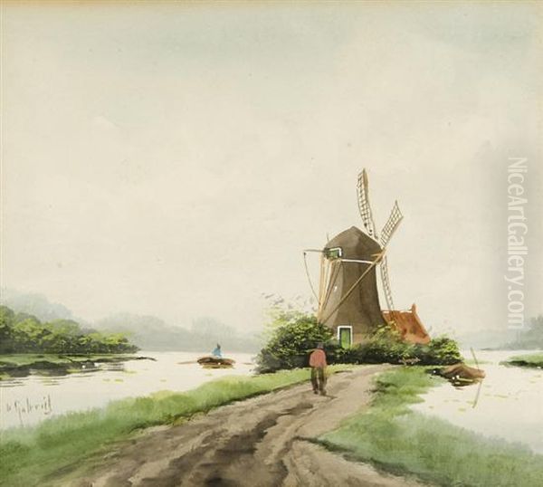 Dutch Scene With Awindmill Oil Painting by Paul Joseph Constantine Gabriel