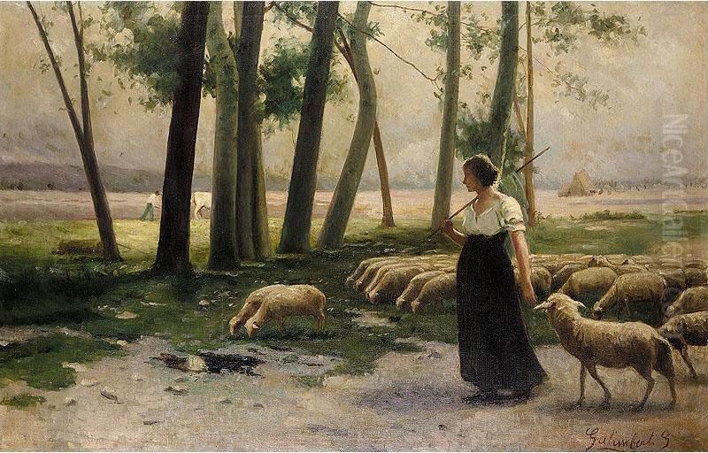 Shepherdess And Her Flock Oil Painting by Silvio Galimberti