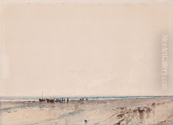 Barques A La Platja Oil Painting by Baldomero Galofre Y Gimenez