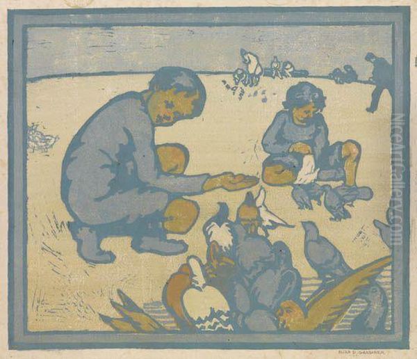 Children Feeding Pigeons Oil Painting by Eliza Draper Gardiner