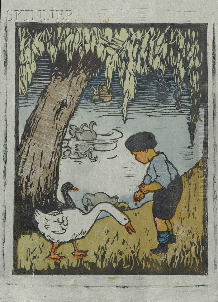 Feeding The Geese. Oil Painting by Eliza Draper Gardiner