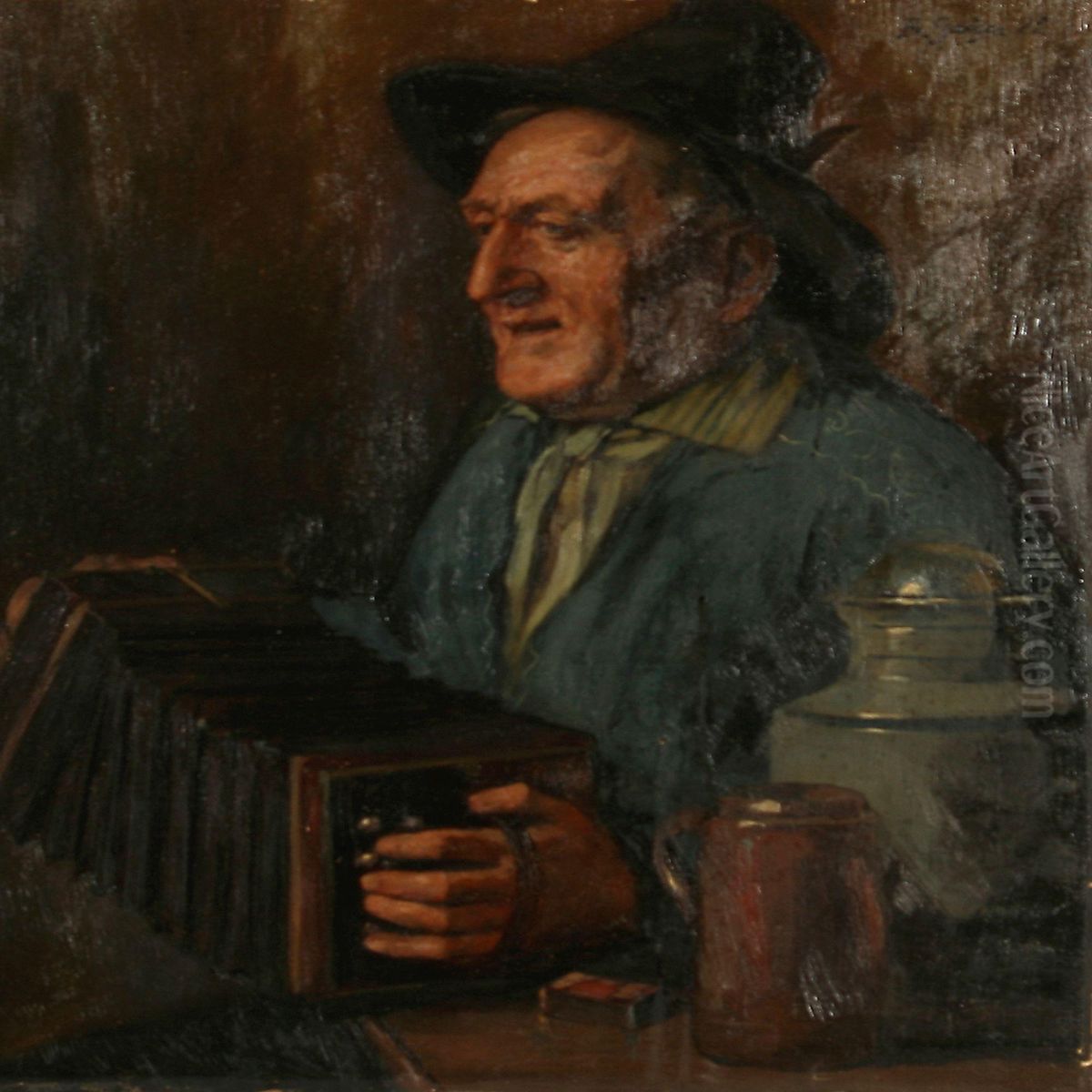 An Accordion Player Oil Painting by Bernhard Gauer
