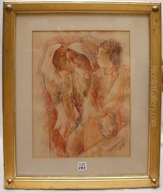 3 Figures Oil Painting by Oskar Gawell