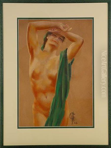 Akt Kobiety Z Zielona Tkanina, 1946 R. Oil Painting by Antoni Gawinski