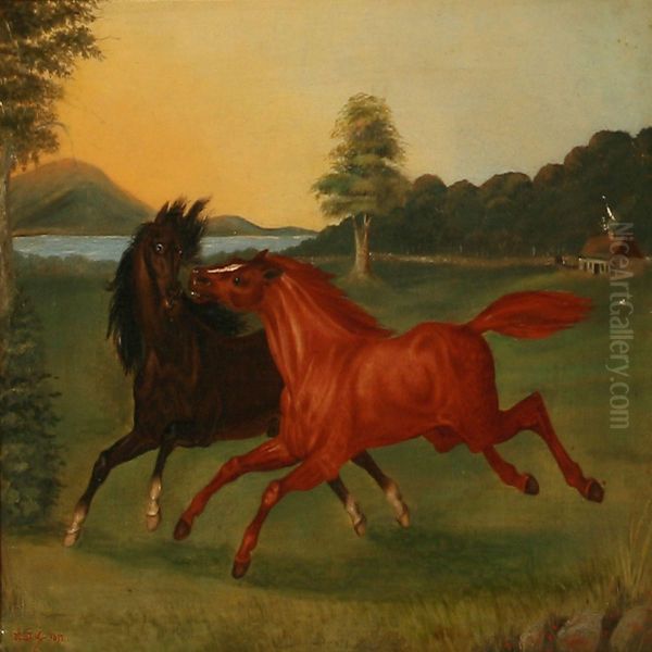 Landscape With Two Horses Oil Painting by Christian David Gebauer