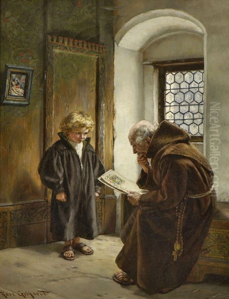 Monch Mit Schuler An Der Fensternische Oil Painting by Karl Gebhardt
