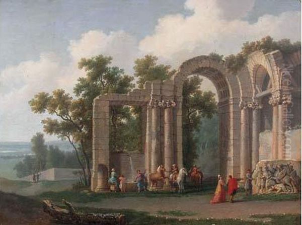Visiteurs Dans Des Ruines Antiques Oil Painting by Jean Baptiste Genillion