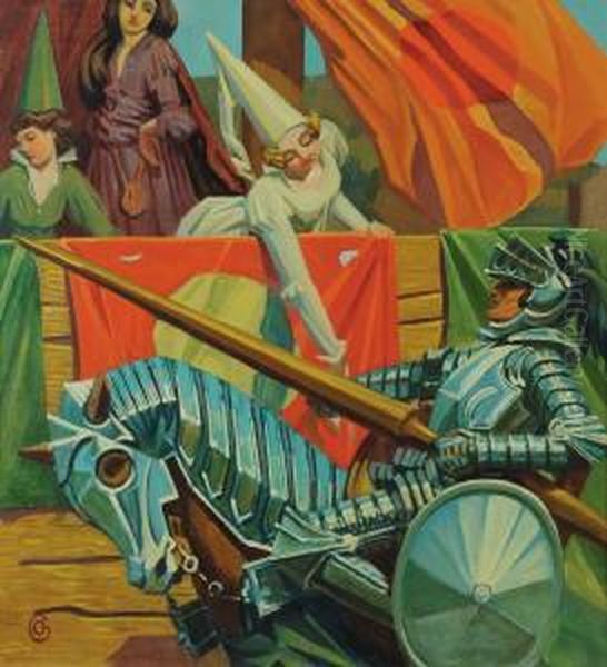 Dame E Cavalieri Olio Su Tela Oil Painting by Cornelio Geranzani