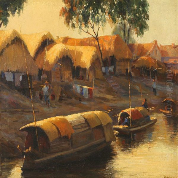 River Scene From China Oil Painting by I. Gerassimoff