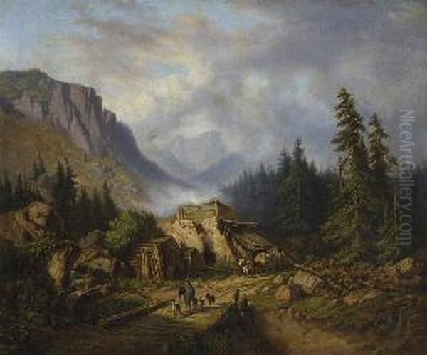 Kohlenmeiler In
 Gebirgslandschaft. Oil Painting by Paul Gerhardt