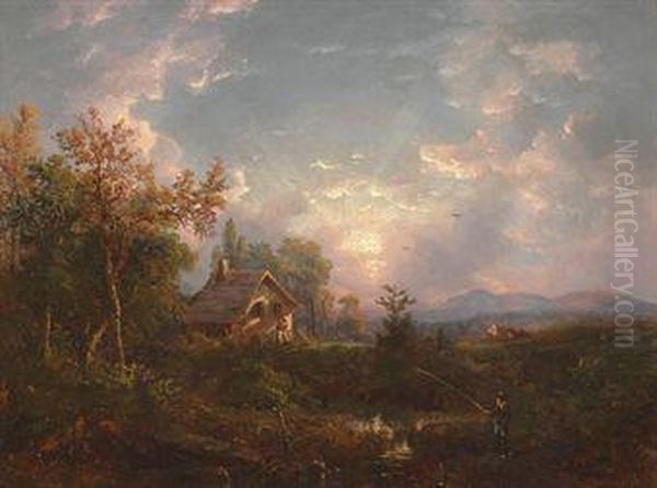 Landscape With Man Fishing Oil Painting by Marie-Regis-Francois Gignoux